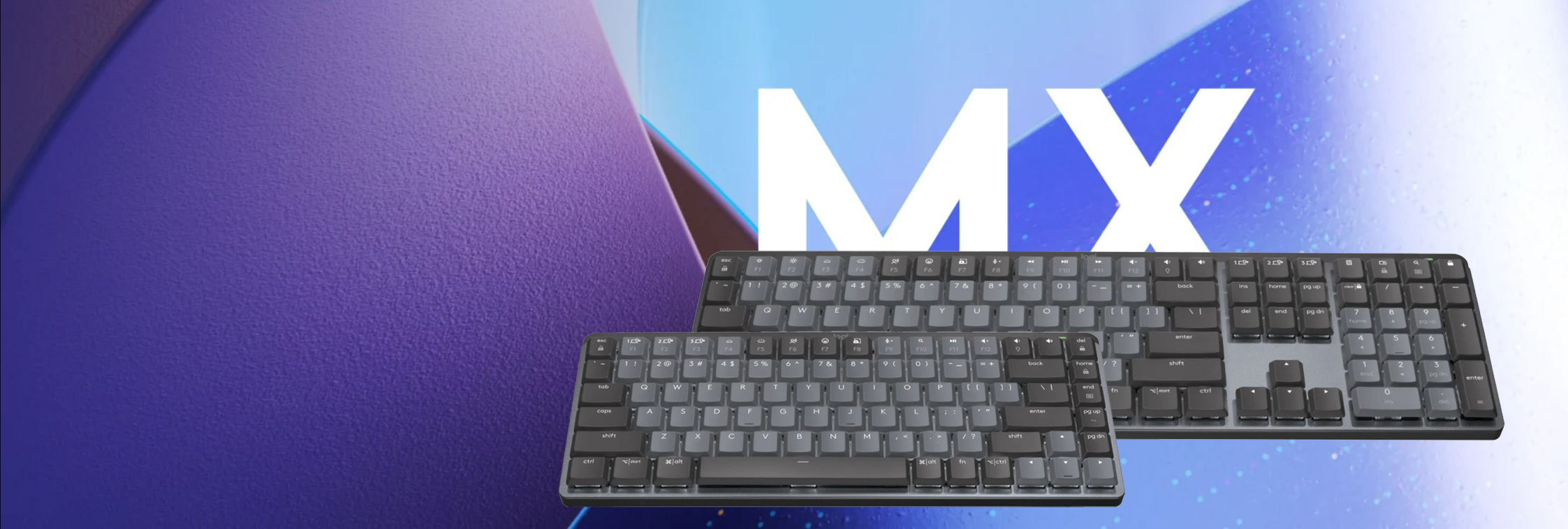 A MX MECHANICAL and a MX MECHANICAL MINI KEYBOARD are placed together against a background of blue and purple.